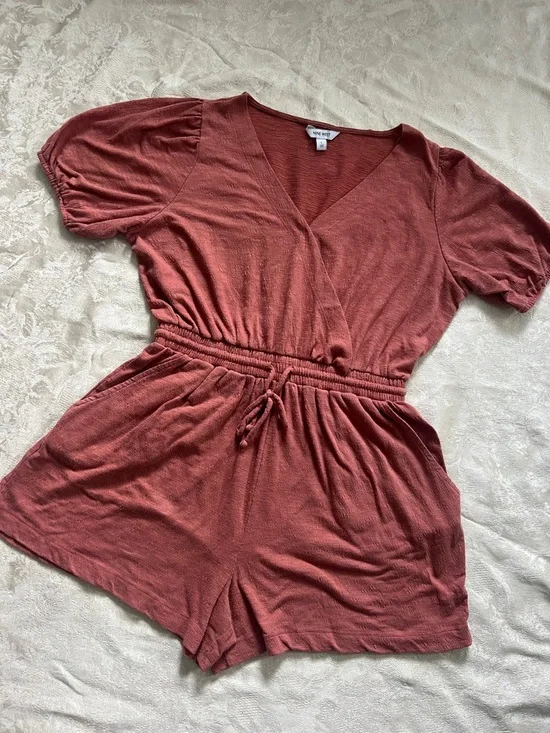 Nine West Rust Dusty Rose Romper Size L Puff Sleeve Elastic Waist Casual Summer - Picture 2 of 10